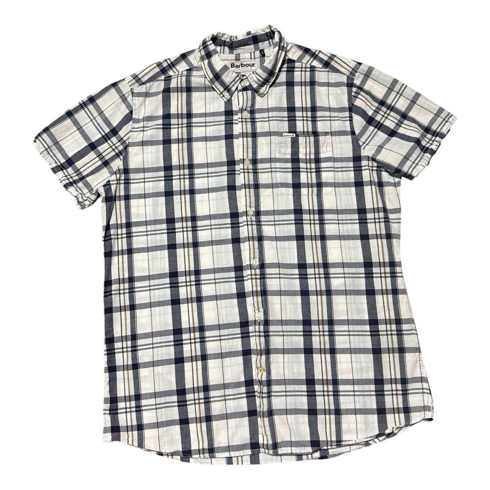 Barbour Shirt Men’s Large Tailored Fit Blue Plaid 100% Cotton Short Sleeve